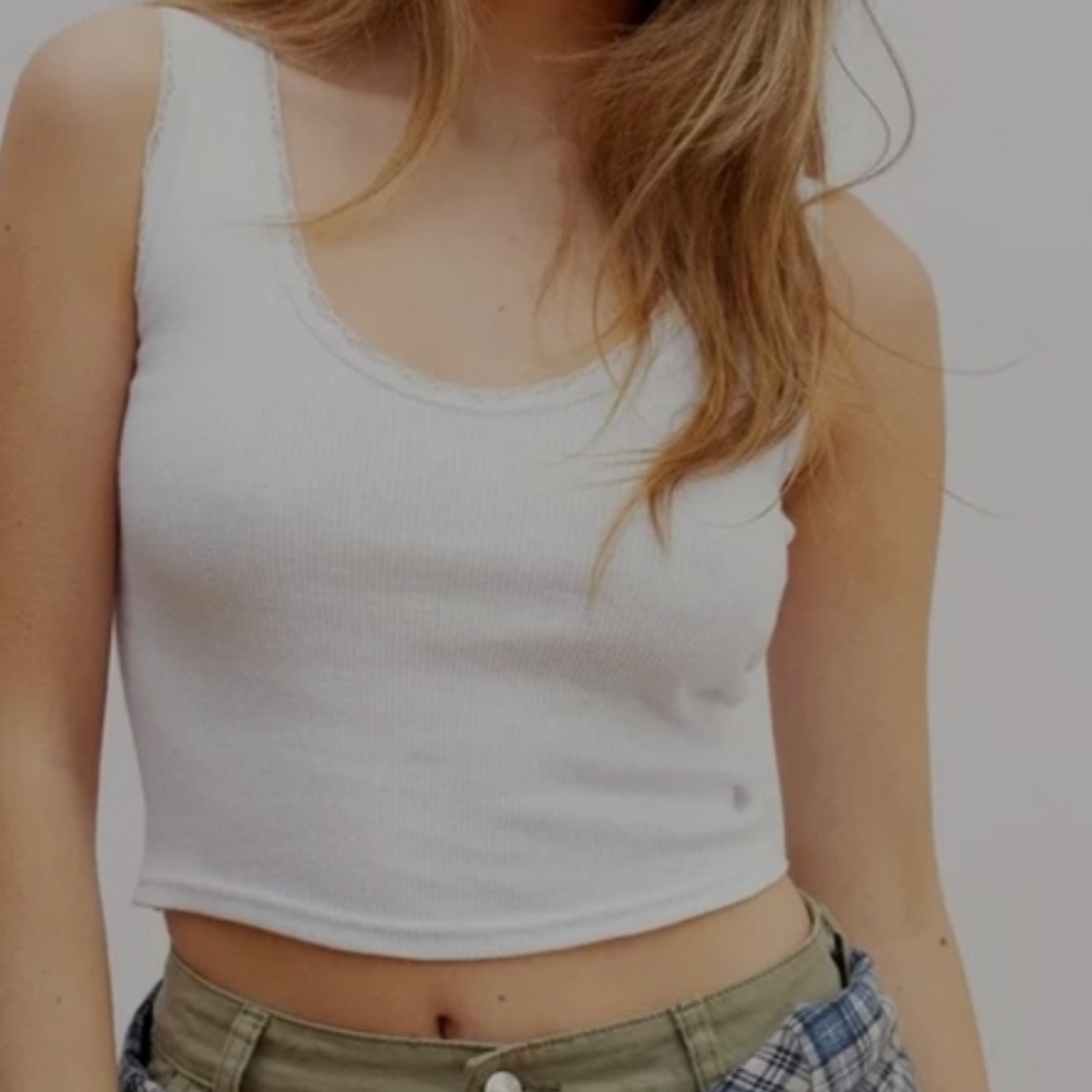 Nasty Gal Collection Size 10 Ribbed White Lace Trim Fitted Girly Crop Tank Top